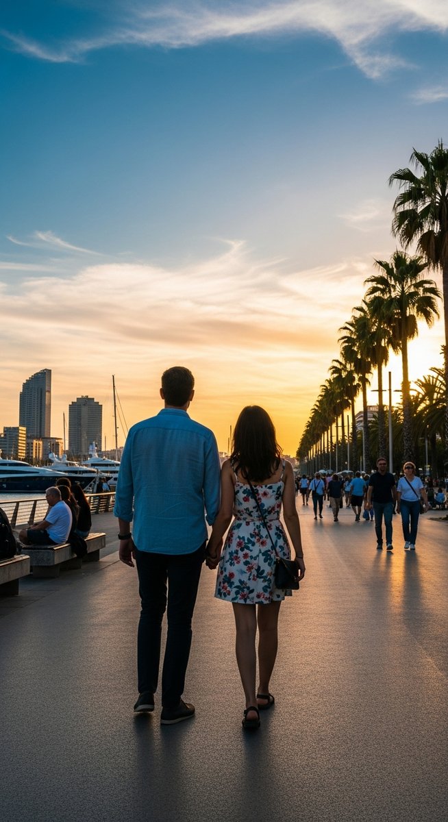 a couple strolling along La Rambla in Barcelona in April