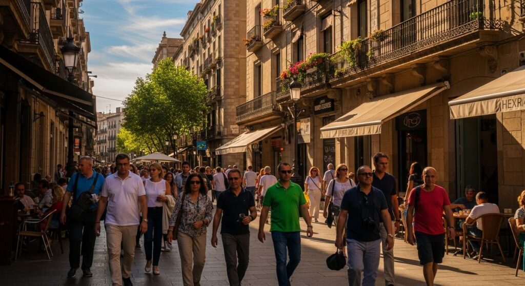 a lively Barcelona street or plaza in August