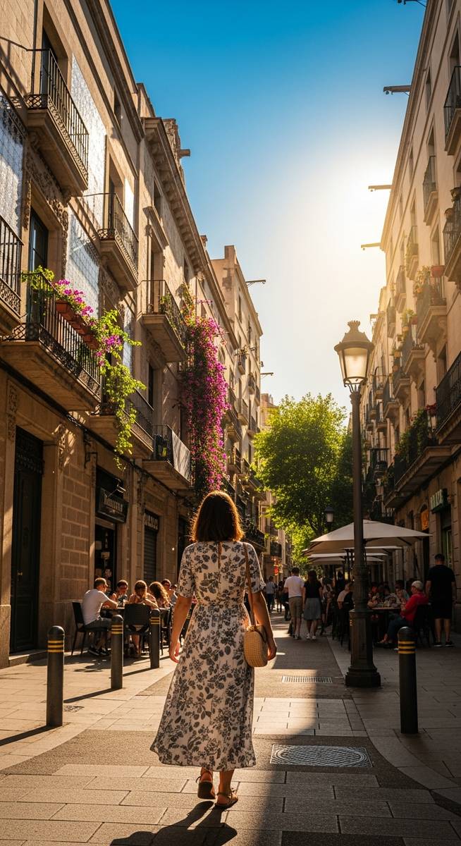 a woman walking through a Barcelona neighbourhood in August