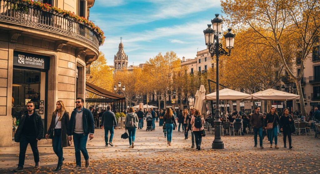 a lively Barcelona street or plaza in autumn
