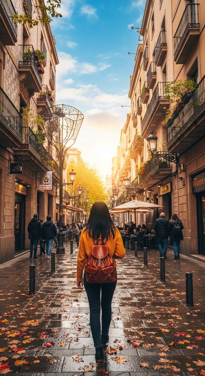 a woman walking through a Barcelona neighbourhood in autumn