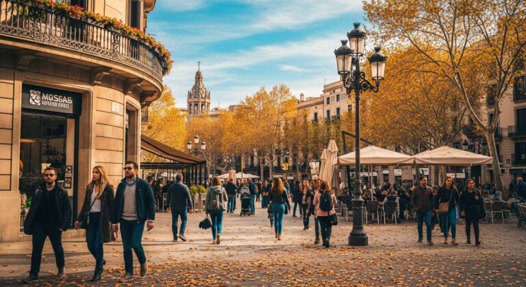 a lively Barcelona street or plaza in autumn