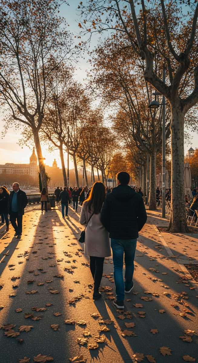 a couple strolling along La Rambla in Barcelona in autumn