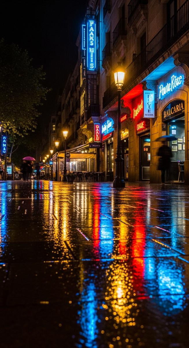 a Barcelona street at night with neon signs