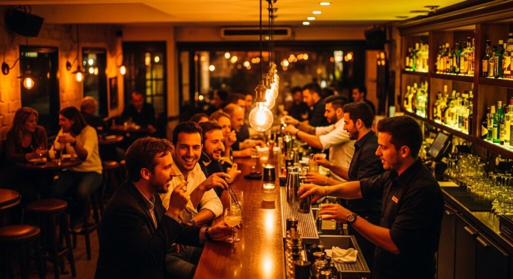 a Barcelona bar at night with warm amber lighting