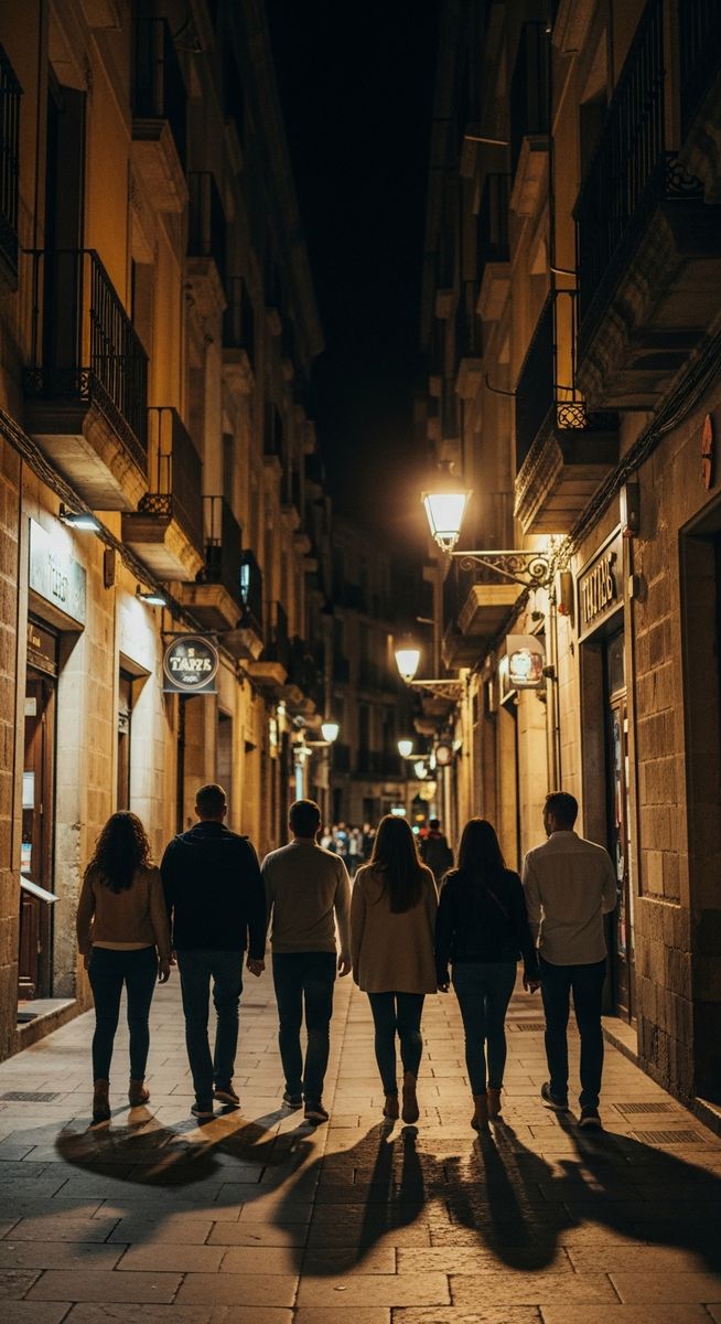 friends walking through Barcelona old town at night