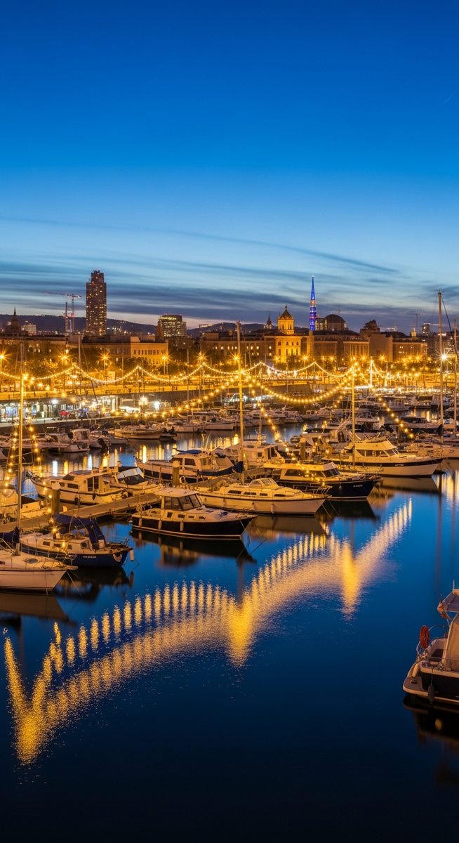 the Barcelona waterfront at night with string lights
