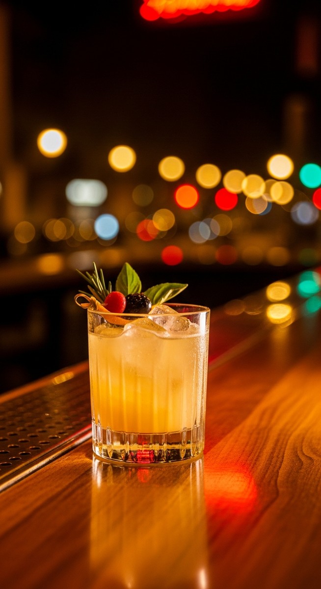 a craft cocktail on a Barcelona bar counter at night