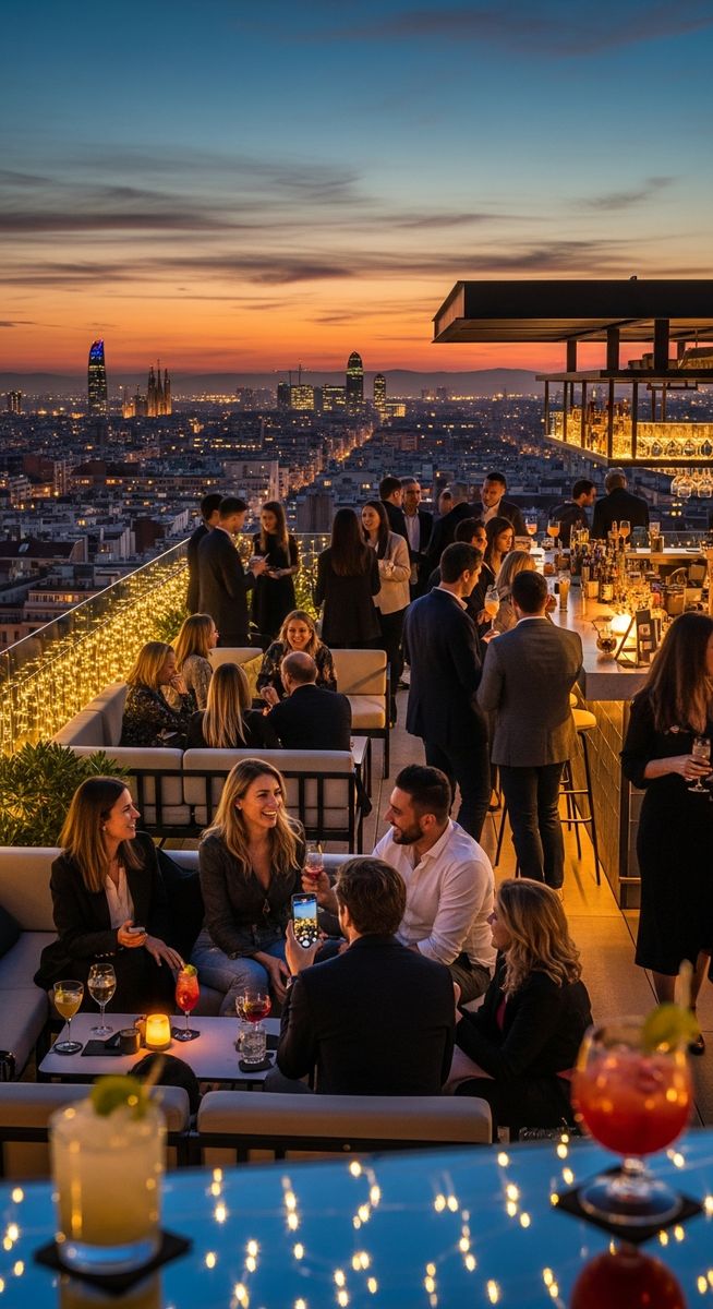 a rooftop bar in Barcelona at night with city lights