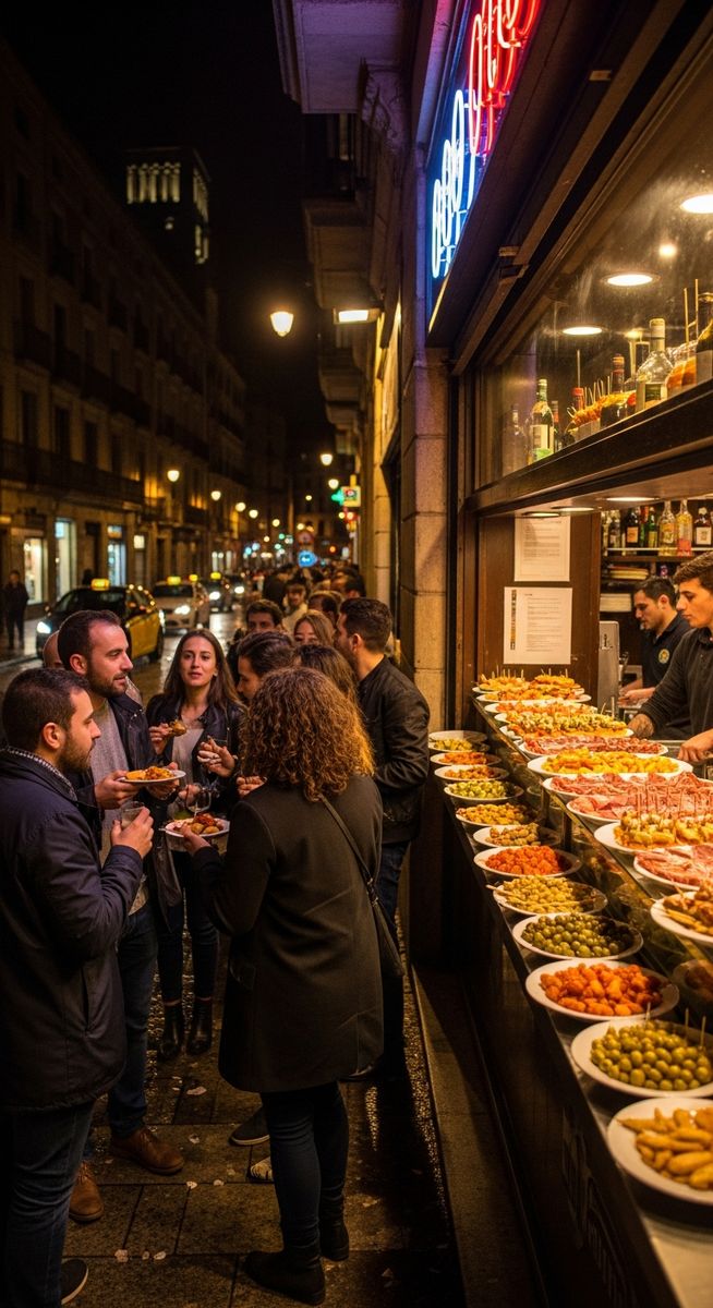 a Barcelona tapas bar at night with people outside