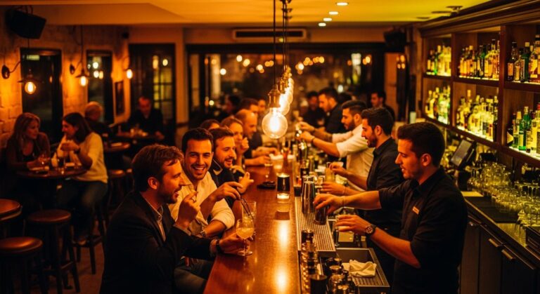 a Barcelona bar at night with warm amber lighting