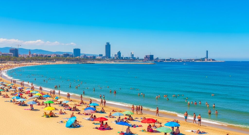 a Barcelona beach on a sunny summer day at the beaches