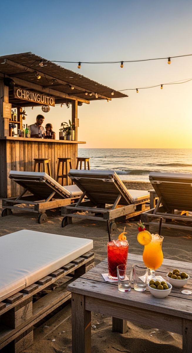 a beach bar on the Barcelona coast with sun loungers at the beaches