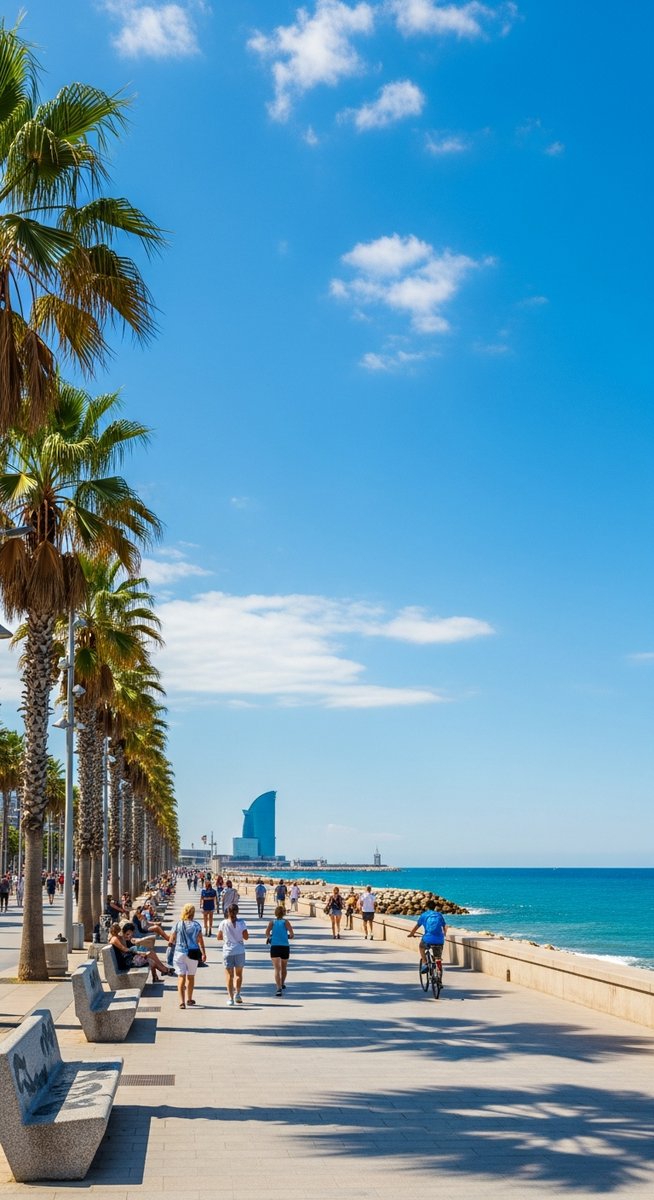 the Barcelona seafront promenade with palm trees