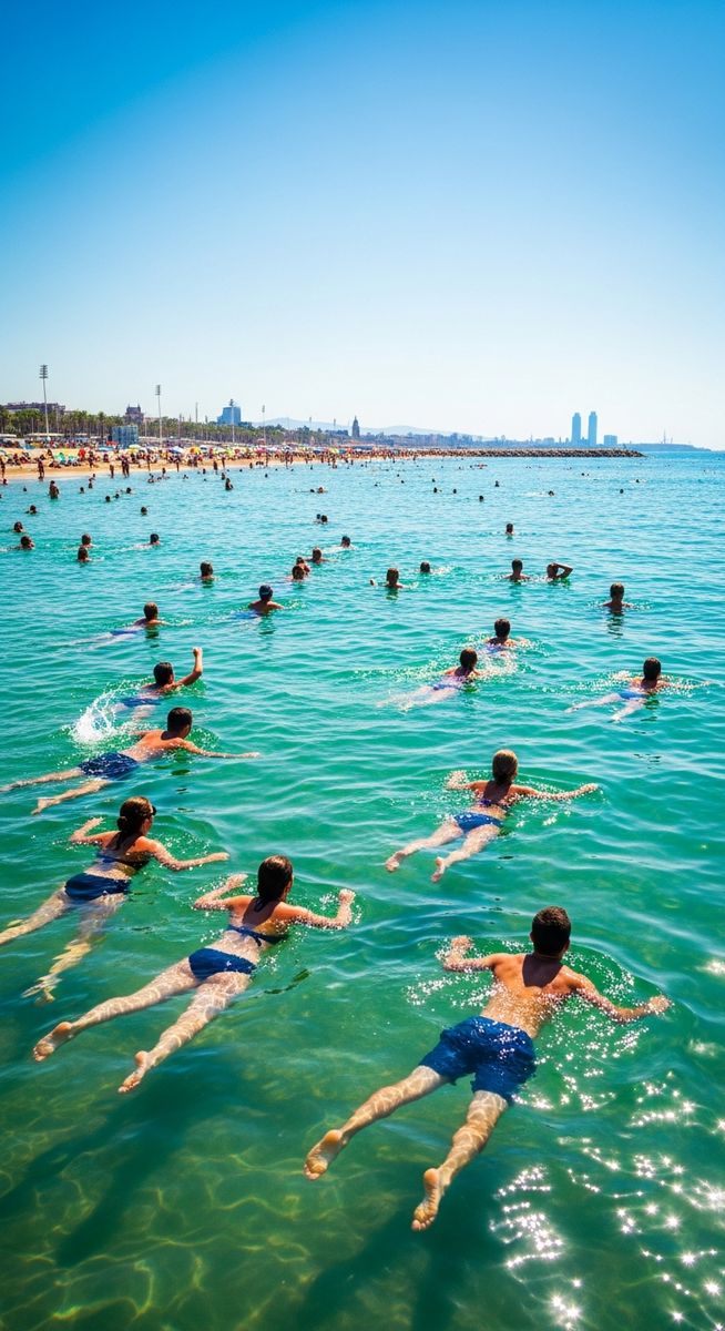 people swimming in the sea off a Barcelona beach at the beaches