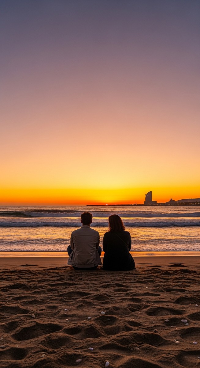 two friends sitting on a Barcelona beach at sunset