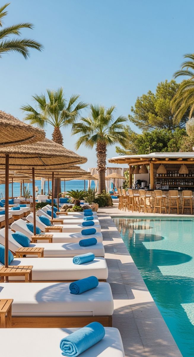 a Spanish beach club with sunbeds and umbrellas at the beaches