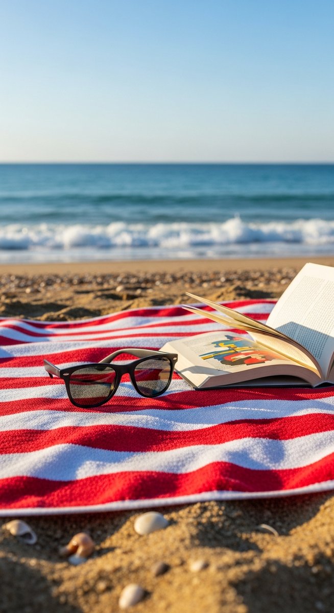 a beach towel and sunglasses on a Barcelona beach at the beaches