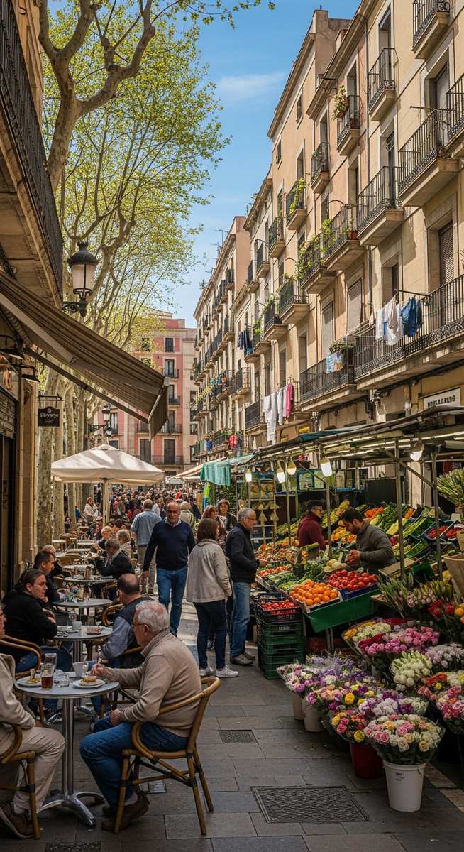 a lively Barcelona street scene showing everyday life
