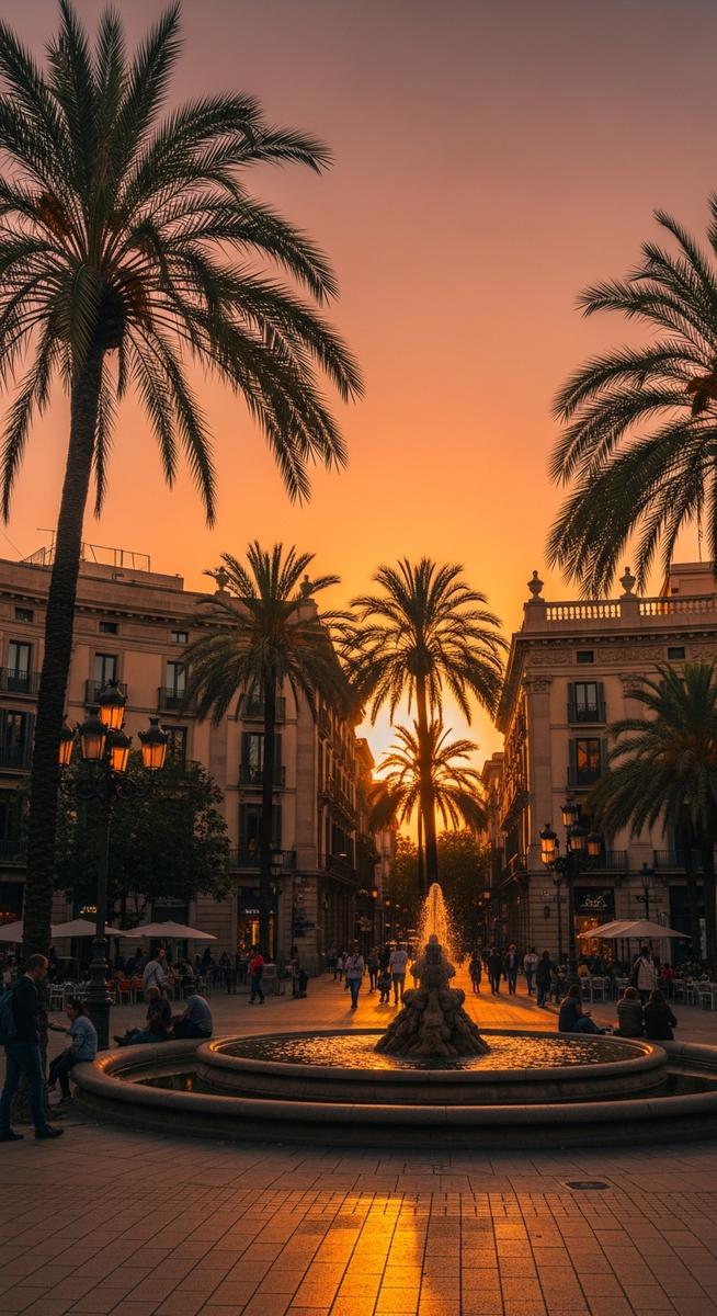a Barcelona plaza at golden hour