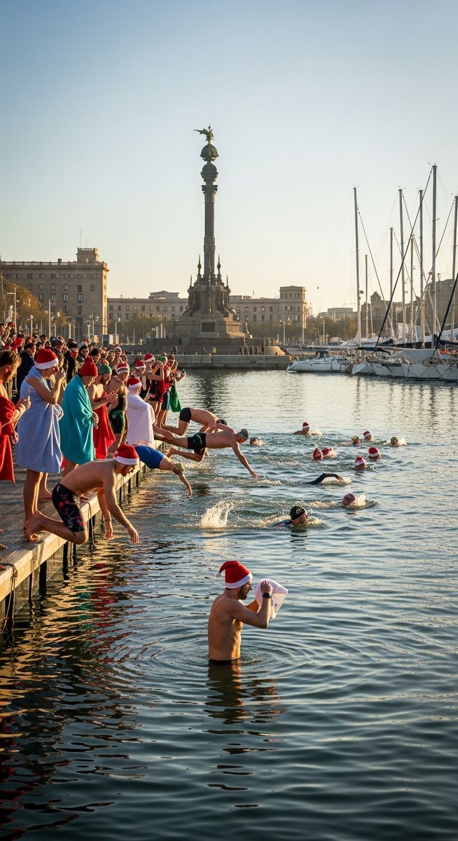a photo illustrating 15. dive into the harbor swim (25th december) in Barcelona during Christmas