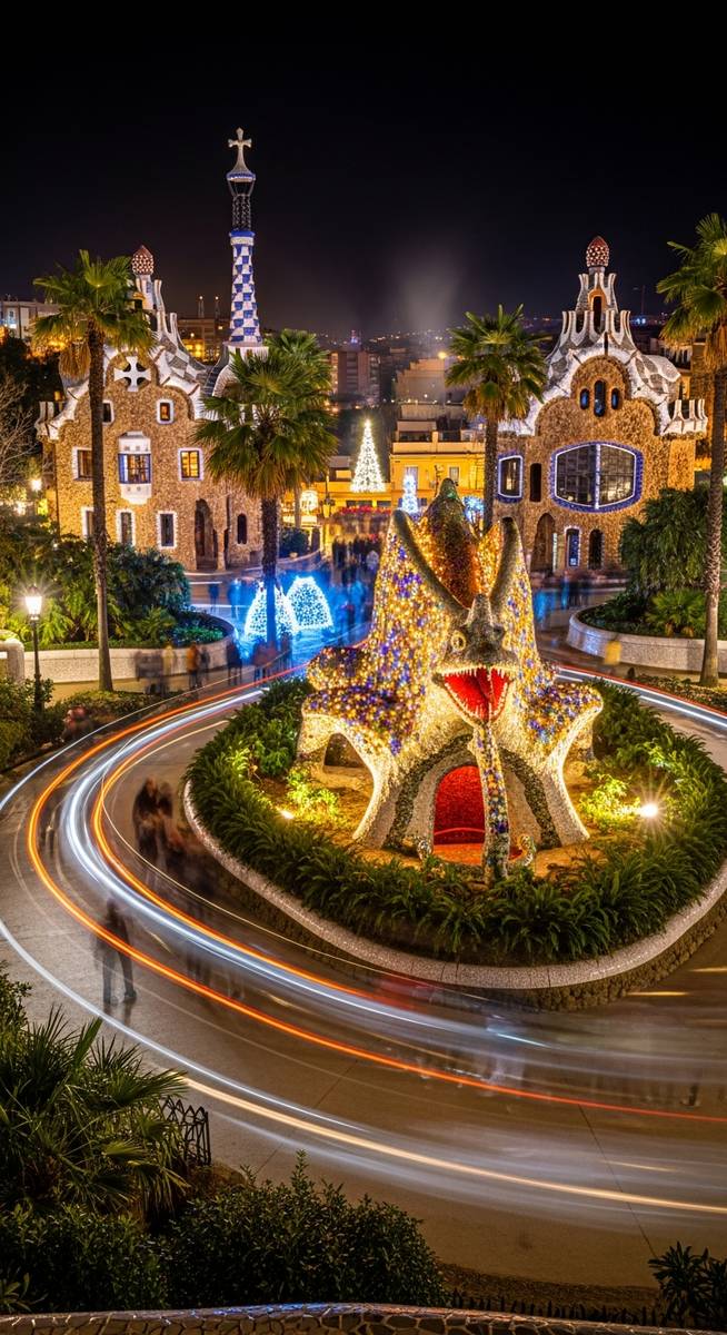 a photo illustrating 3. experience the light display at park gรผell in Barcelona during Christmas
