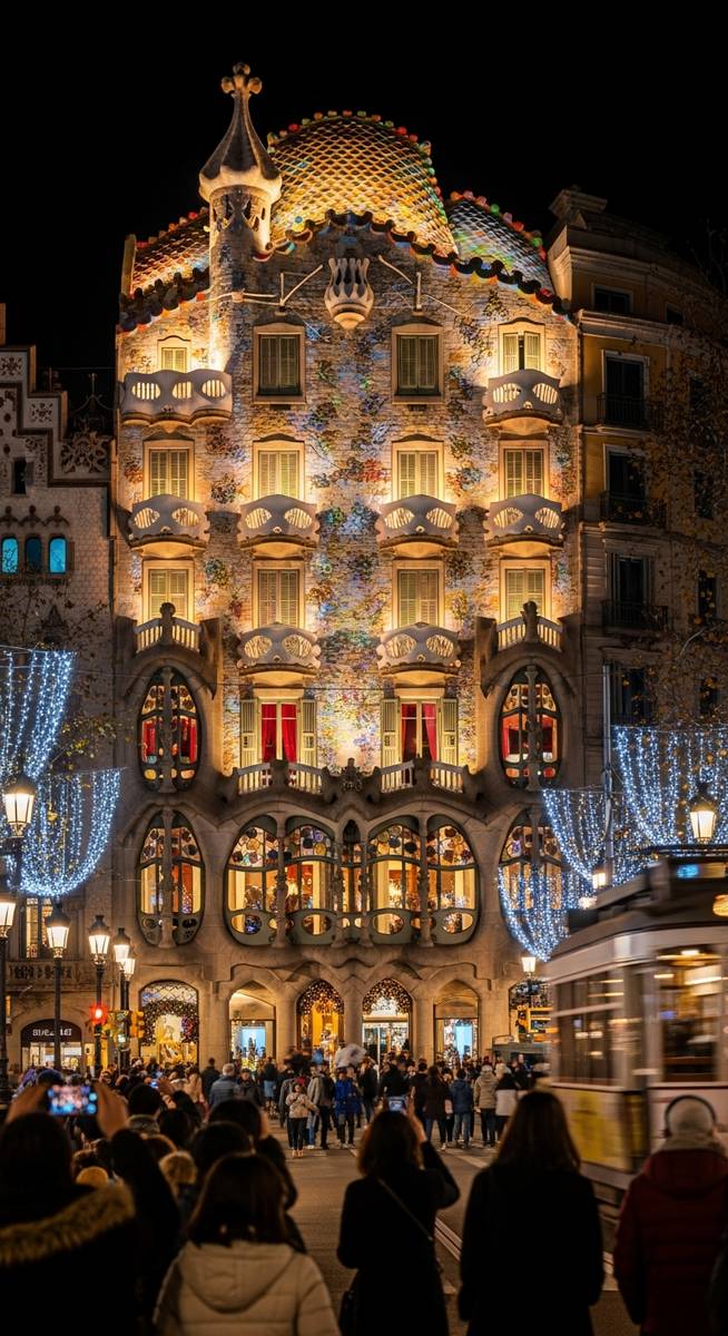 a photo illustrating 5. visit the light display at casa batllรณ in Barcelona during Christmas