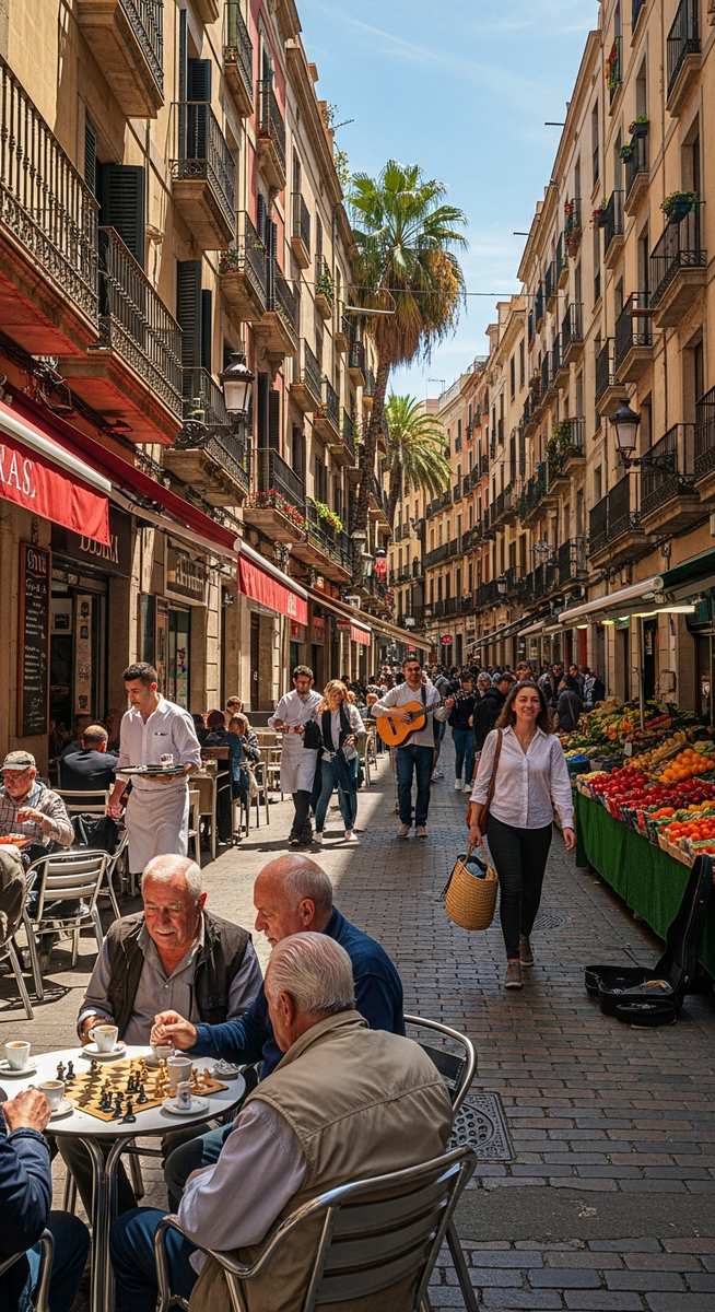 a lively Barcelona street scene showing everyday life