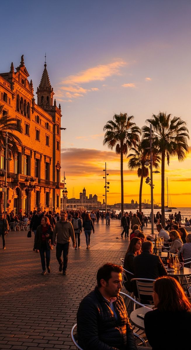 a Barcelona plaza at golden hour