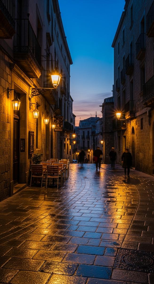 a winding Barcelona street at dusk