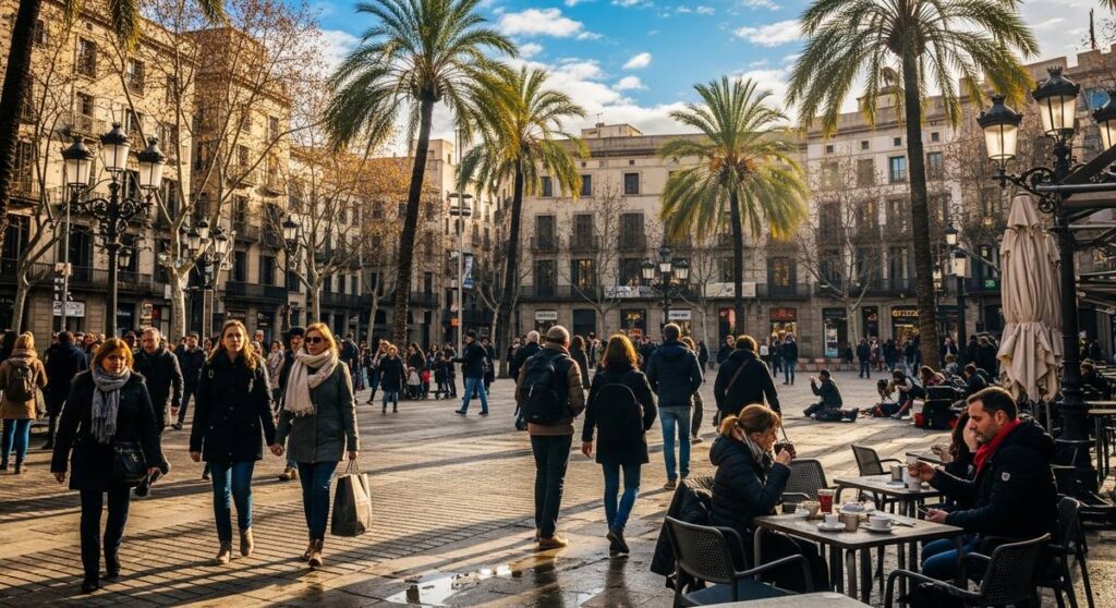 a lively Barcelona street or plaza in December