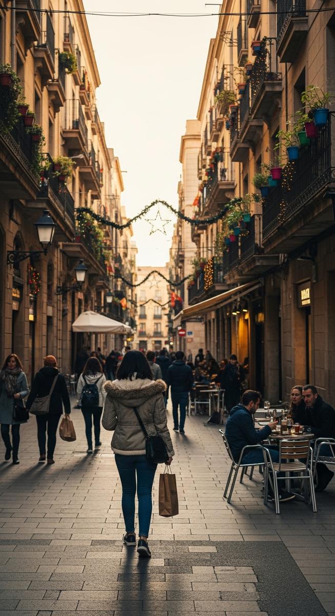 a woman walking through a Barcelona neighbourhood in December