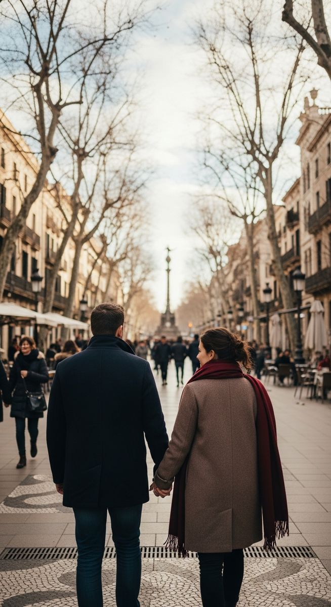 a couple strolling along La Rambla in Barcelona in December