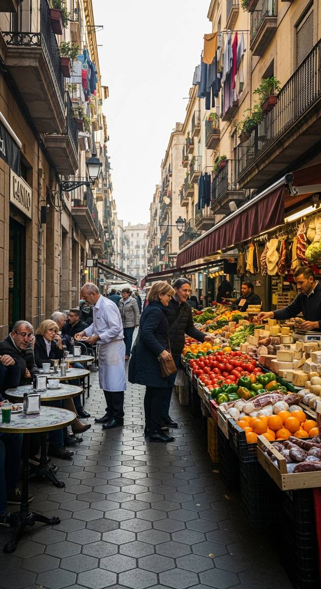 a lively Barcelona street scene showing everyday life