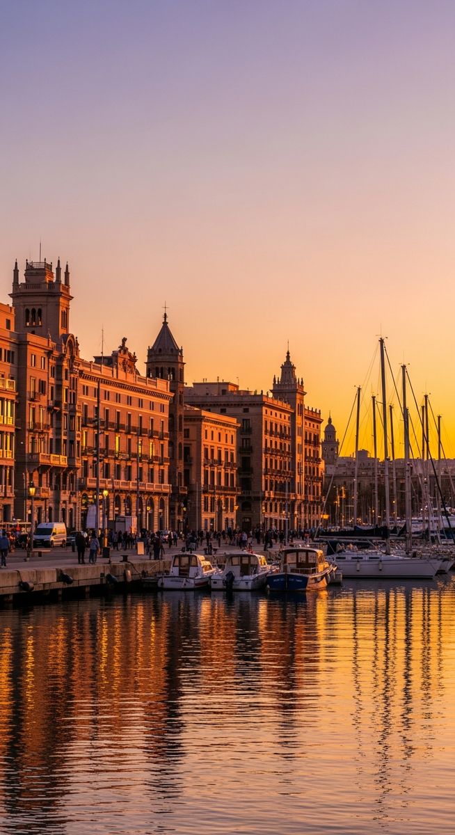 a Barcelona plaza at golden hour