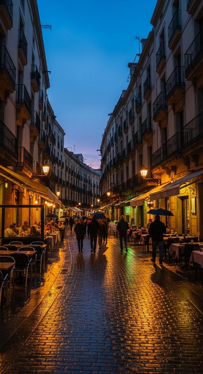 a winding Barcelona street at dusk