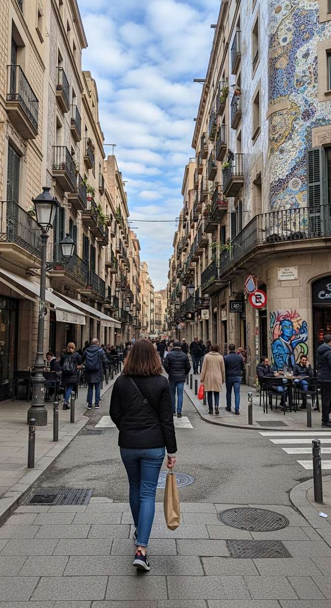 a woman walking through a Barcelona neighbourhood in February