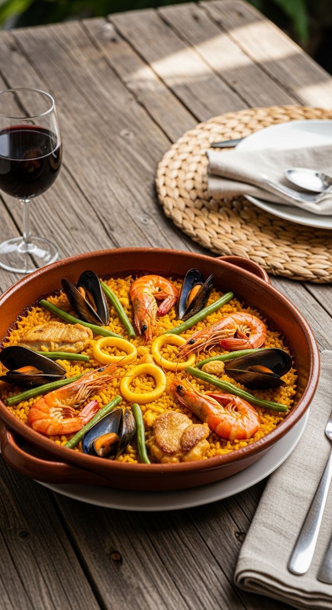 a bowl of paella valenciana in a terracotta dish