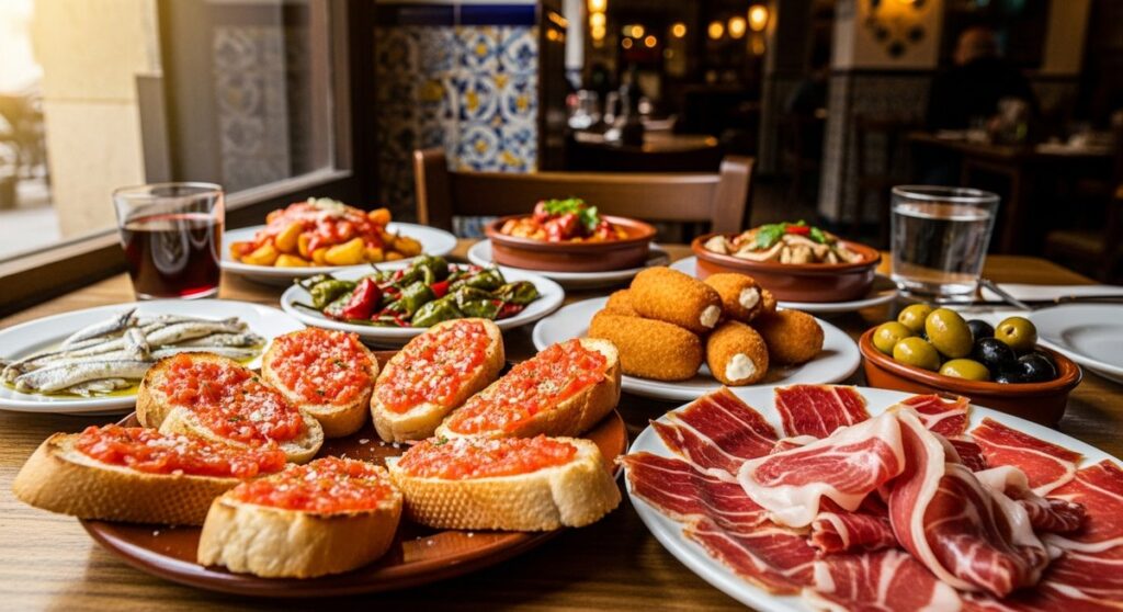 a spread of Spanish tapas on a restaurant table in Barcelona