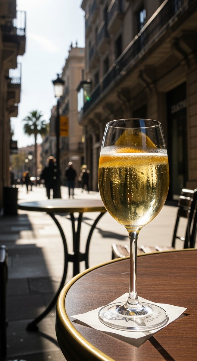 a glass of Spanish wine on a cafe table in Barcelona