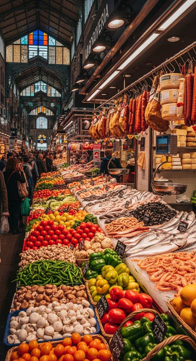 a Barcelona food market with colourful stalls