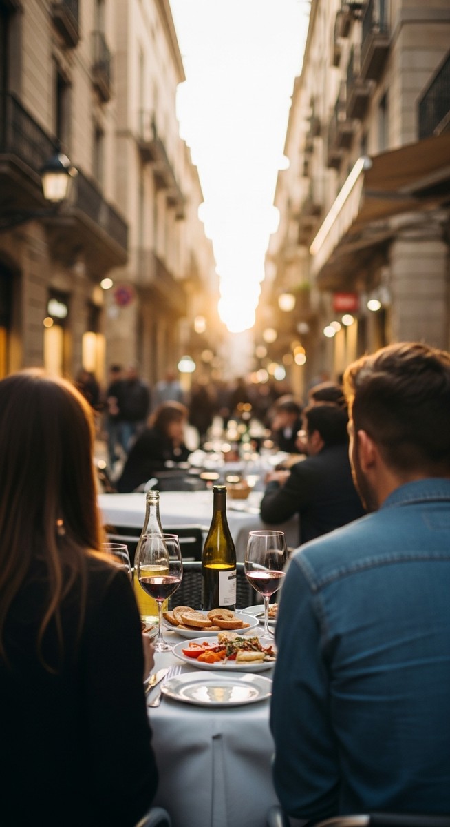 two friends at a restaurant terrace in Barcelona with food and wine