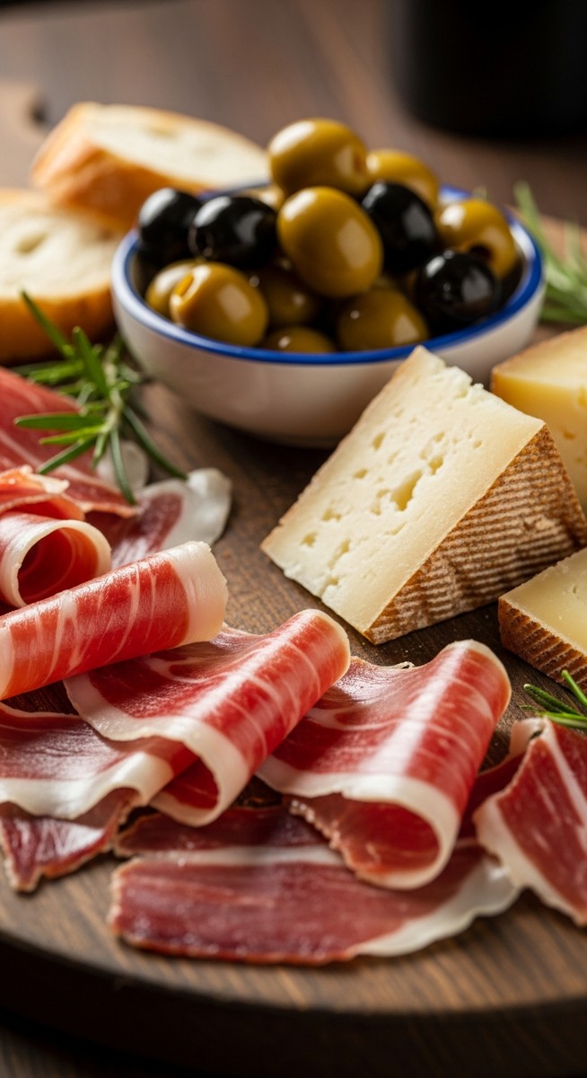 Spanish charcuterie on a wooden board in Barcelona