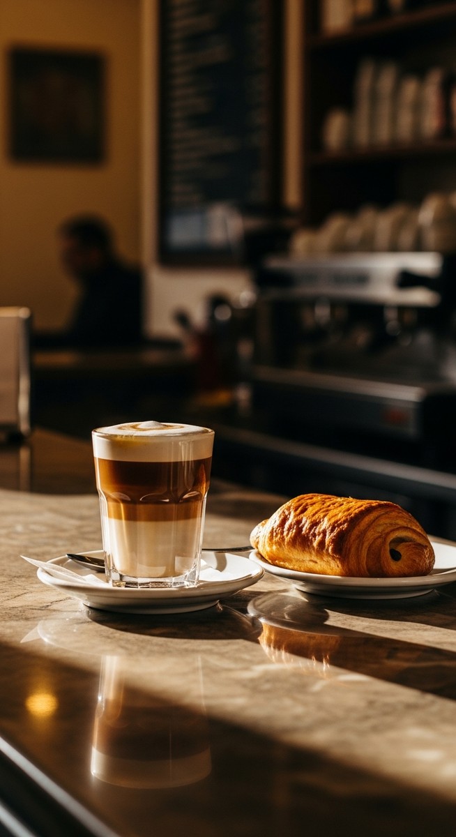 a cafe con leche and pastry on a Spanish cafe counter