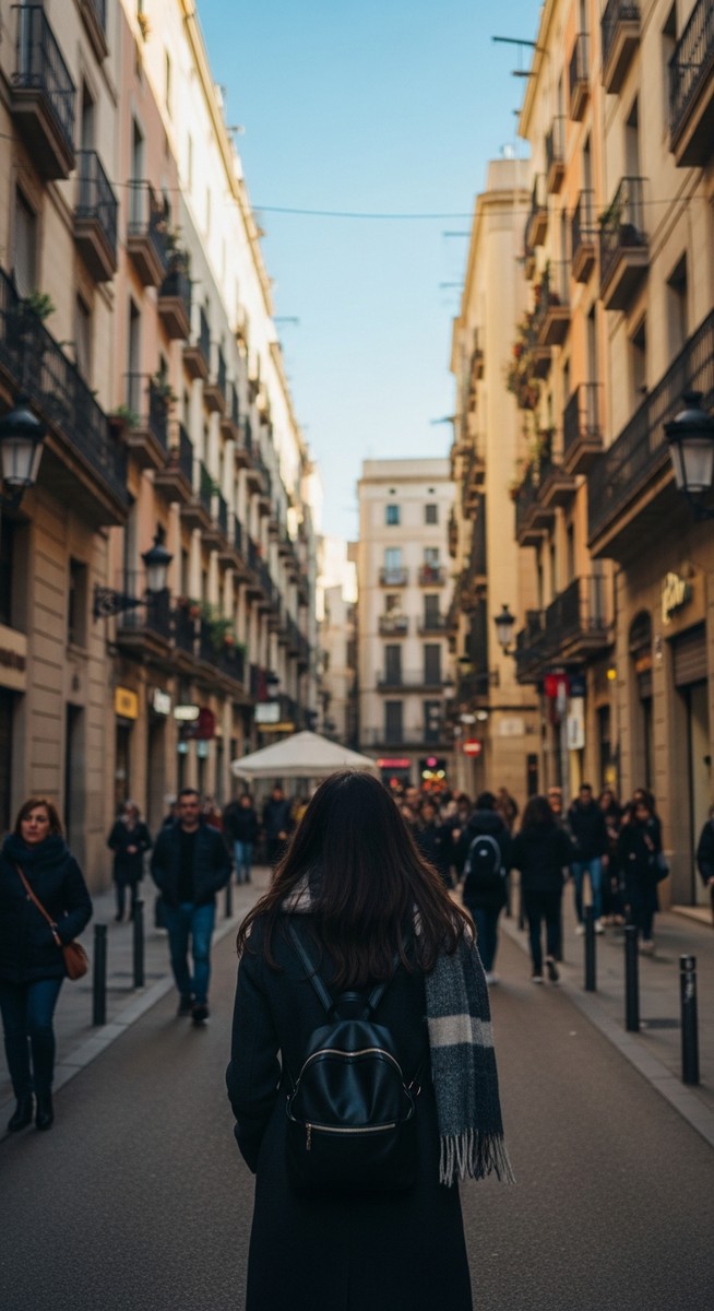 a woman walking through a Barcelona neighbourhood in January