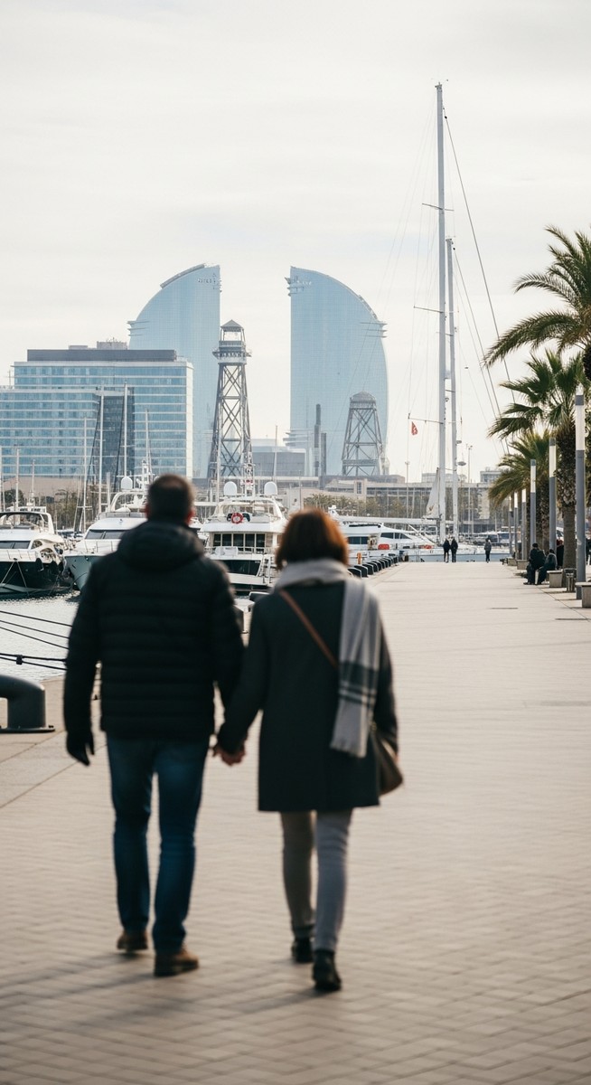 a couple strolling along La Rambla in Barcelona in January