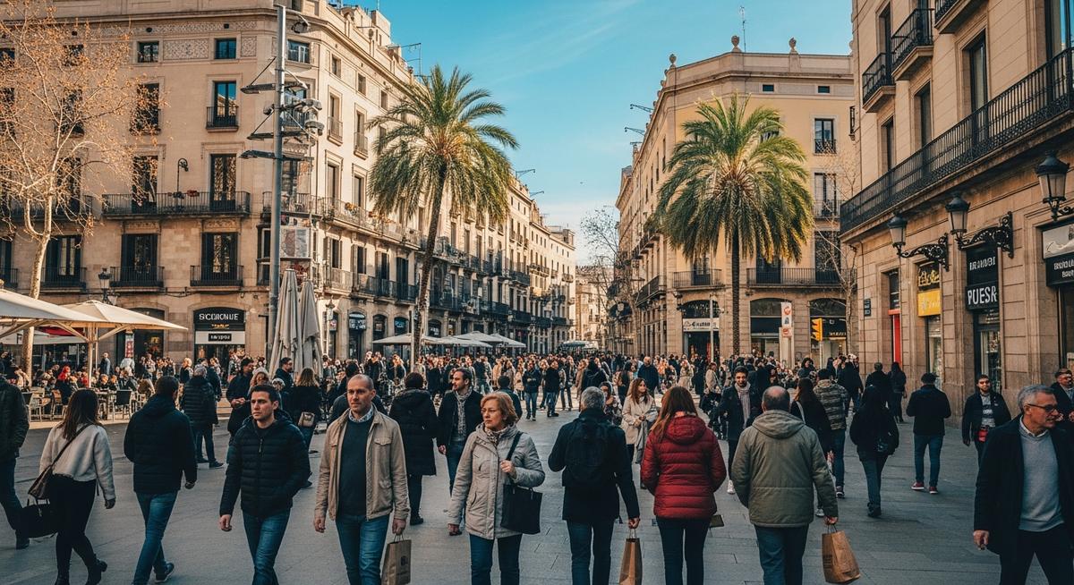 a lively Barcelona street or plaza in January