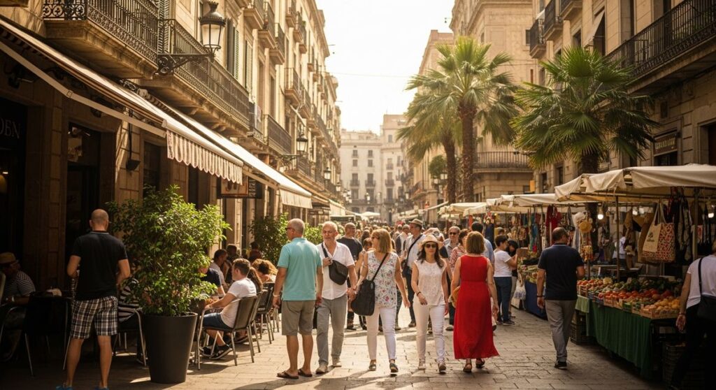 a lively Barcelona street or plaza in July