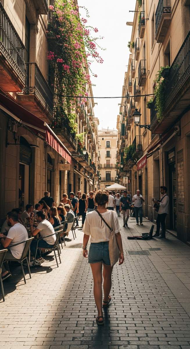 a woman walking through a Barcelona neighbourhood in July