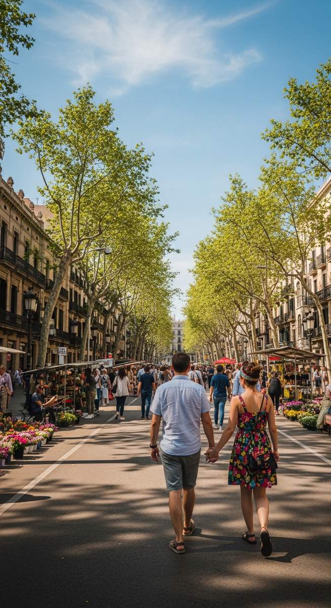 a couple strolling along La Rambla in Barcelona in July